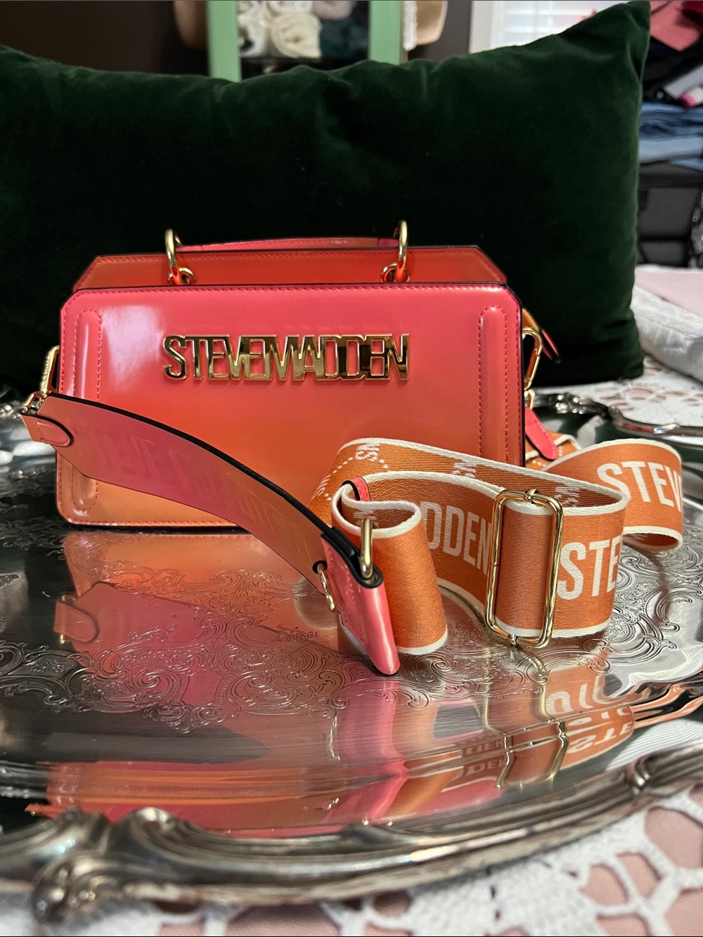 Steve Madden Pink-Orange Ombre Patent Crossbody with Branded Strap